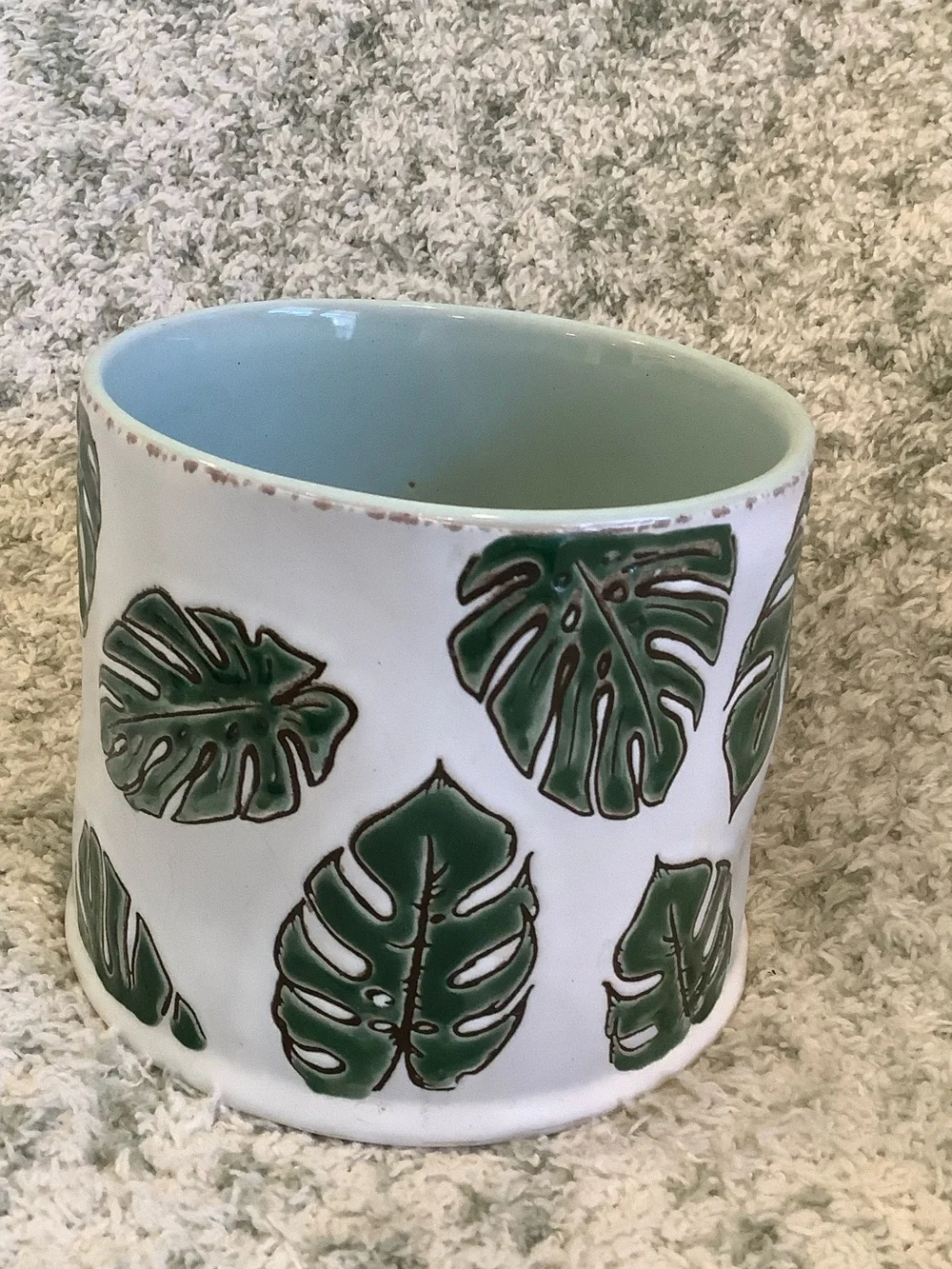 White Tropical Ceramic Mug with Green Monstera Leaf  RS 16oz.